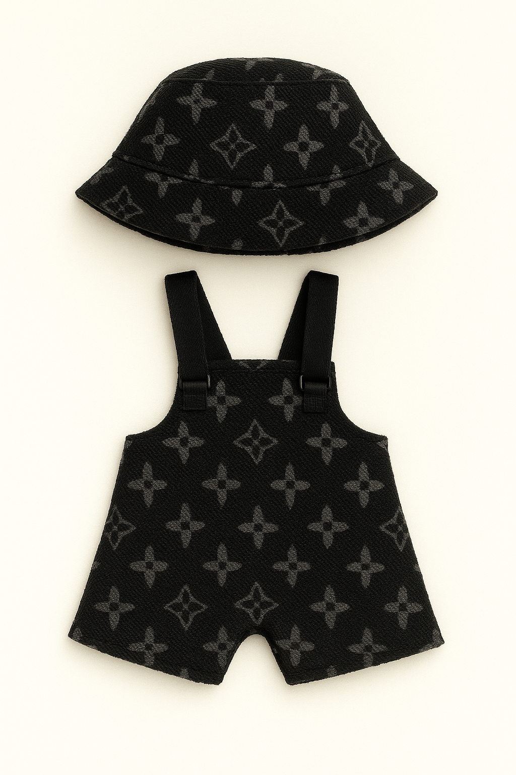 Labubu Louis Vuitton-Inspired 2pc Monogram Set – Bucket Hat & Overalls for Labubu