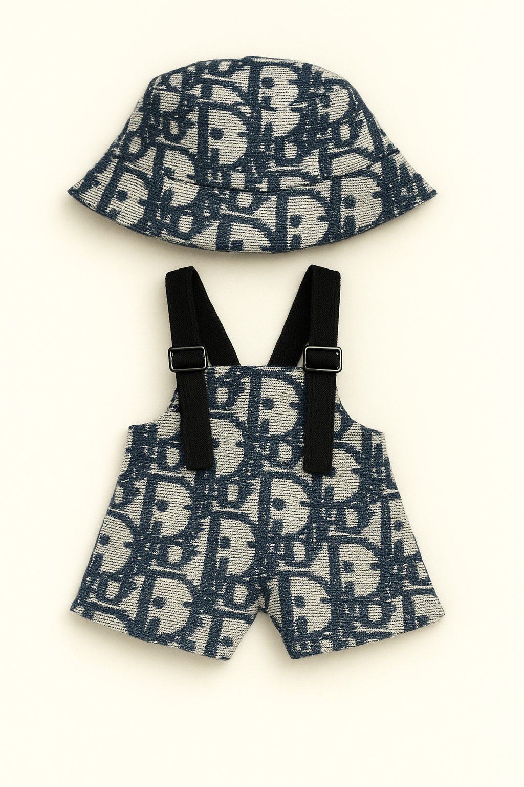 Labubu Dior-Inspired Monogram Overalls With Black Strap & Hat Set - For Labubu