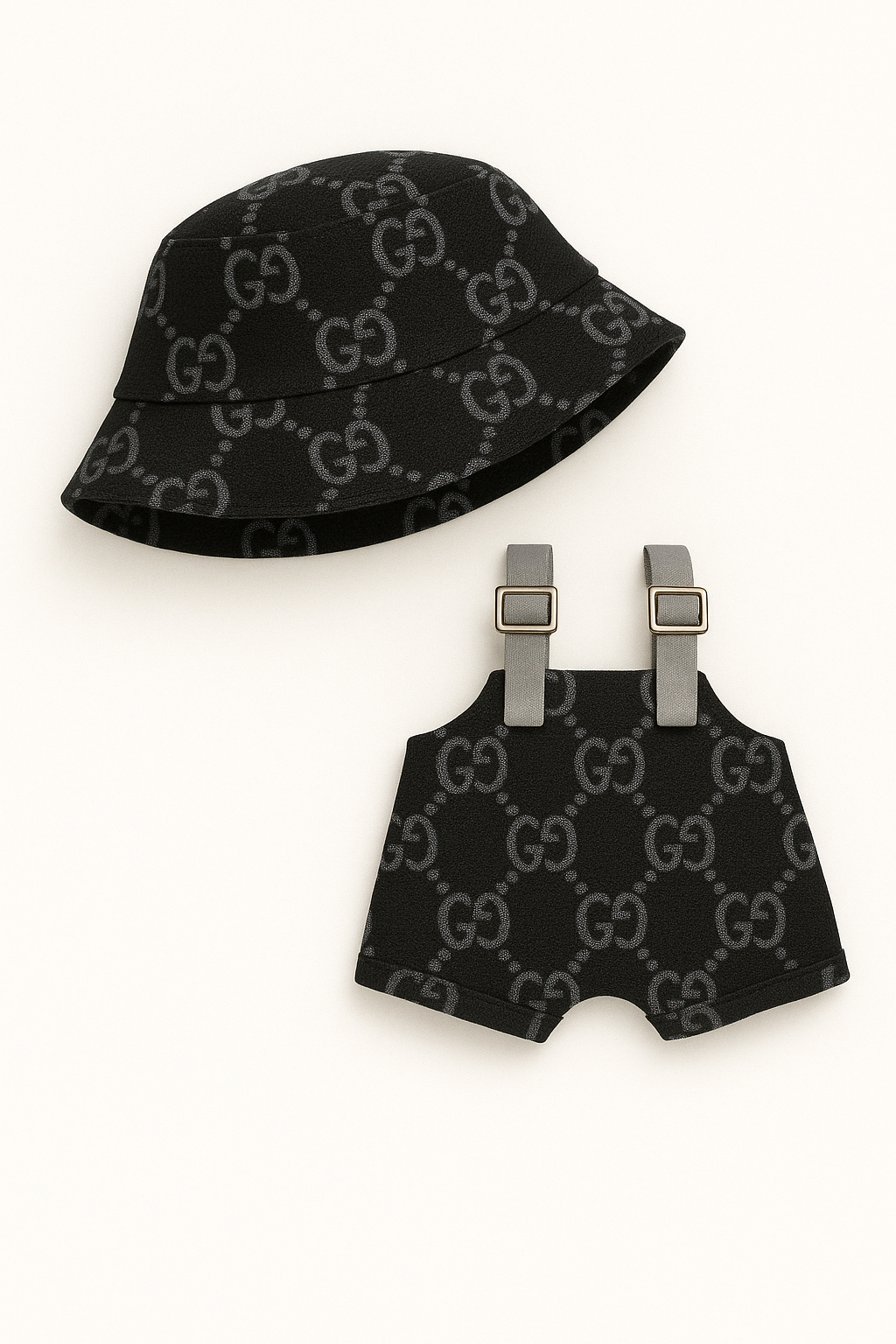 Labubu Gucci-Inspired Black 2pc Monogram Set – Bucket Hat & Overalls for Labubu