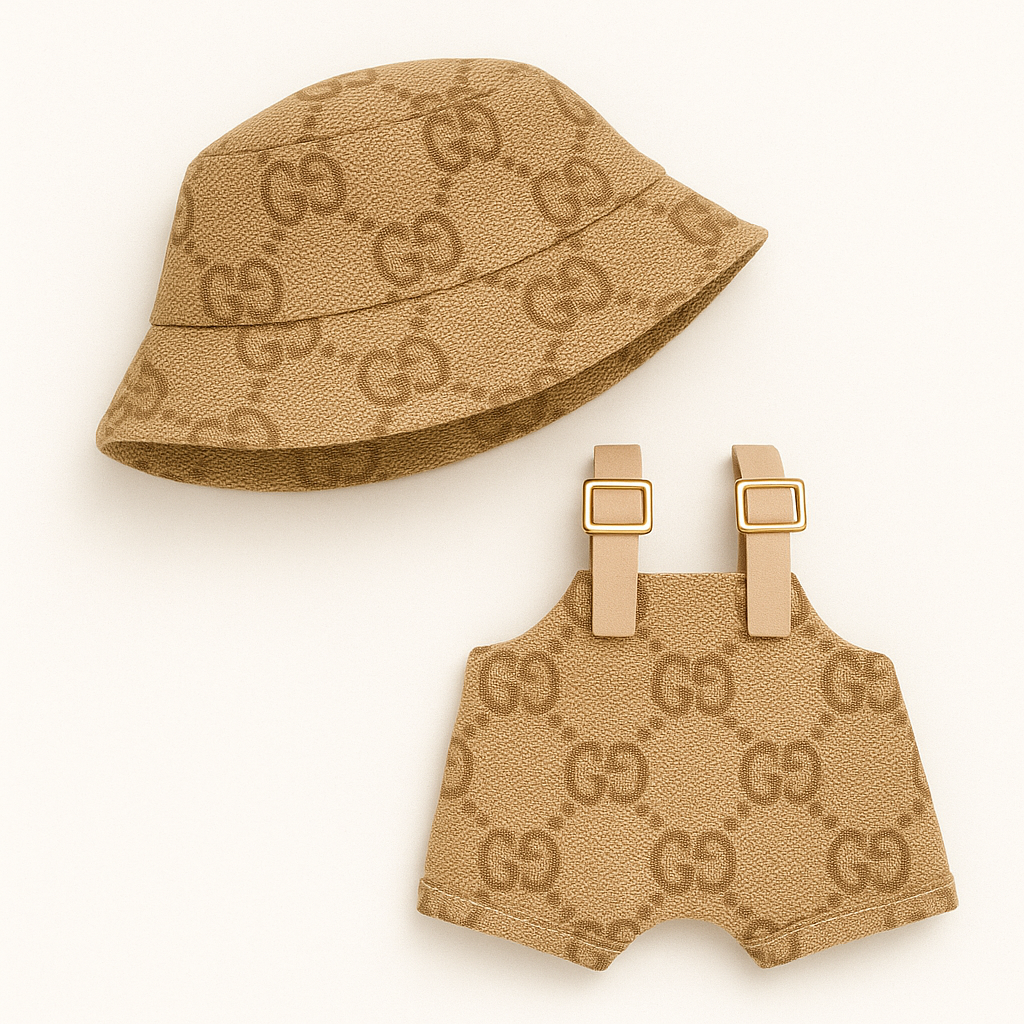 Labubu Gucci-Inspired Pink 2pc Monogram Set – Bucket Hat & Overalls for Labubu