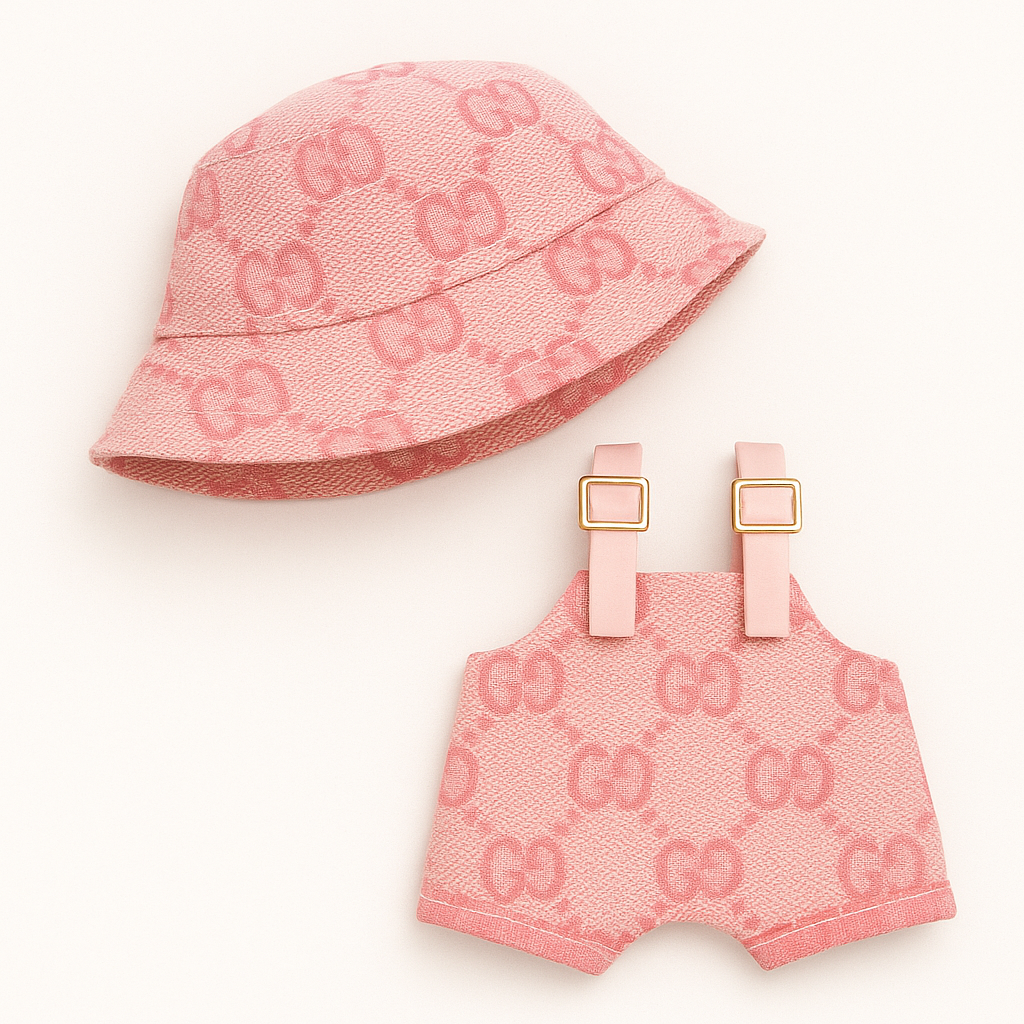 Labubu Gucci-Inspired Pink 2pc Monogram Set – Bucket Hat & Overalls for Labubu